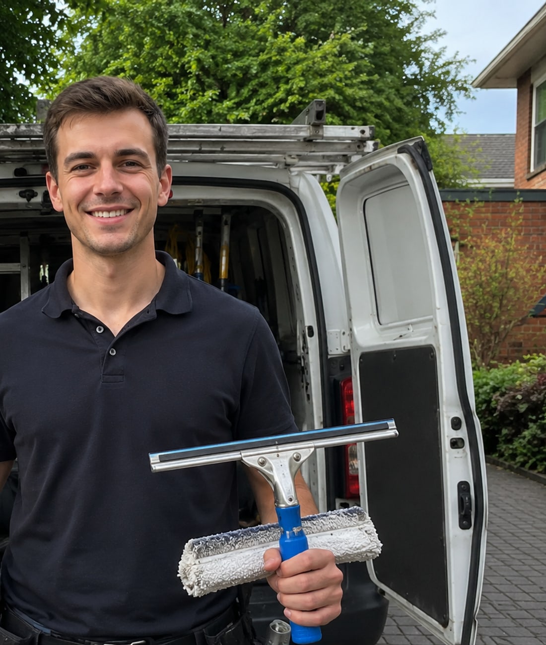 The owner of Clear Bros Window Cleaning with the pure-water pole system and his van